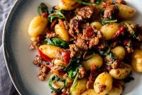 Smoky Chorizo Gnocchi with Roasted Red Pepper and Spinach