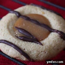 Espresso Caramel Thumbprint Delights 3 caramel macchiato thumbprint cookies drizzled with chocolate, ready to be served