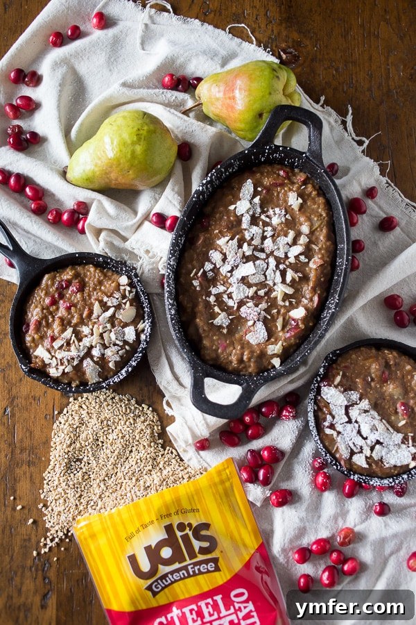 Hearty Cranberry Pear Baked Steel Cut Oats 4 Overhead shot of freshly baked cranberry pear steel cut oats, ready to be topped and served.
