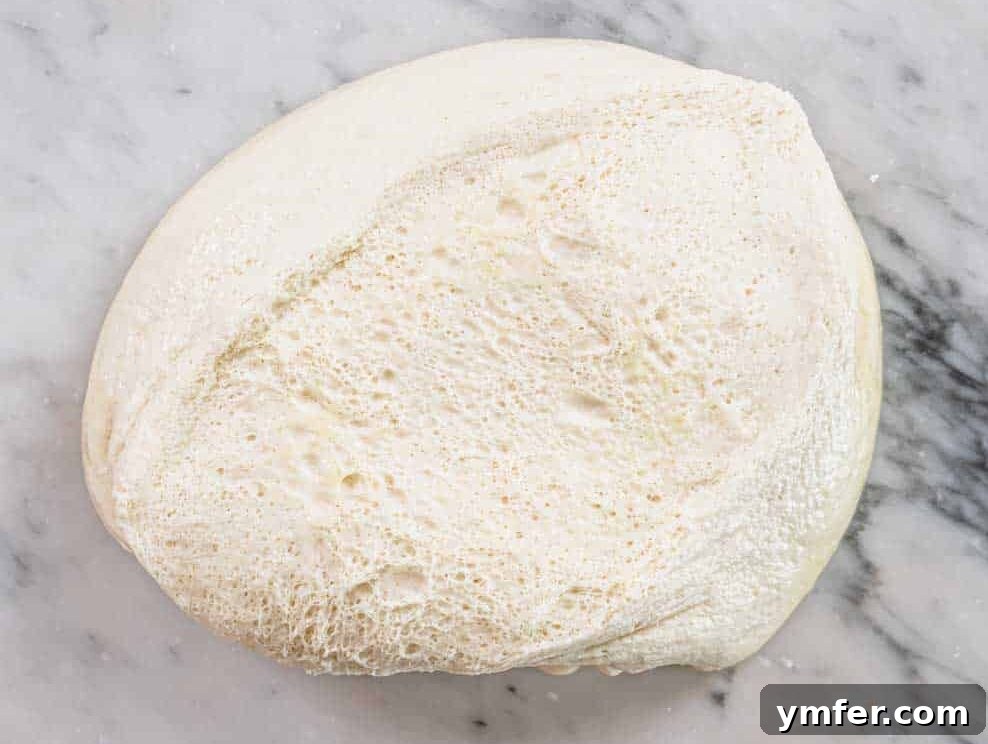 Perfect Ooni Pizza Dough Formula 21 proofed ooni dough upside down on a worktop