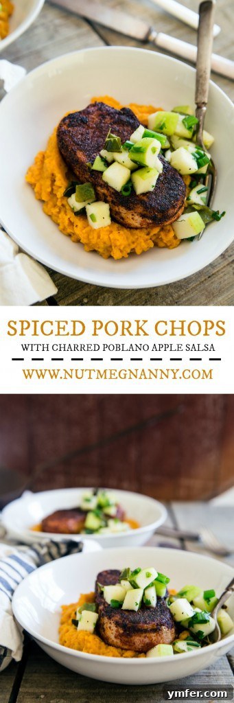 Long pin image of Spiced Pork Chops with Charred Poblano Apple Salsa, mashed sweet potatoes, a perfect cold weather meal and quick dinner solution.