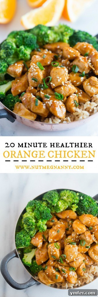 This 20 minute healthier orange chicken is the perfect weeknight dish. Trust me, you'll LOVE this dish it's seriously that EASY! Healthier Orange Chicken pin for Pinterest, featuring a visually appealing image of the dish.