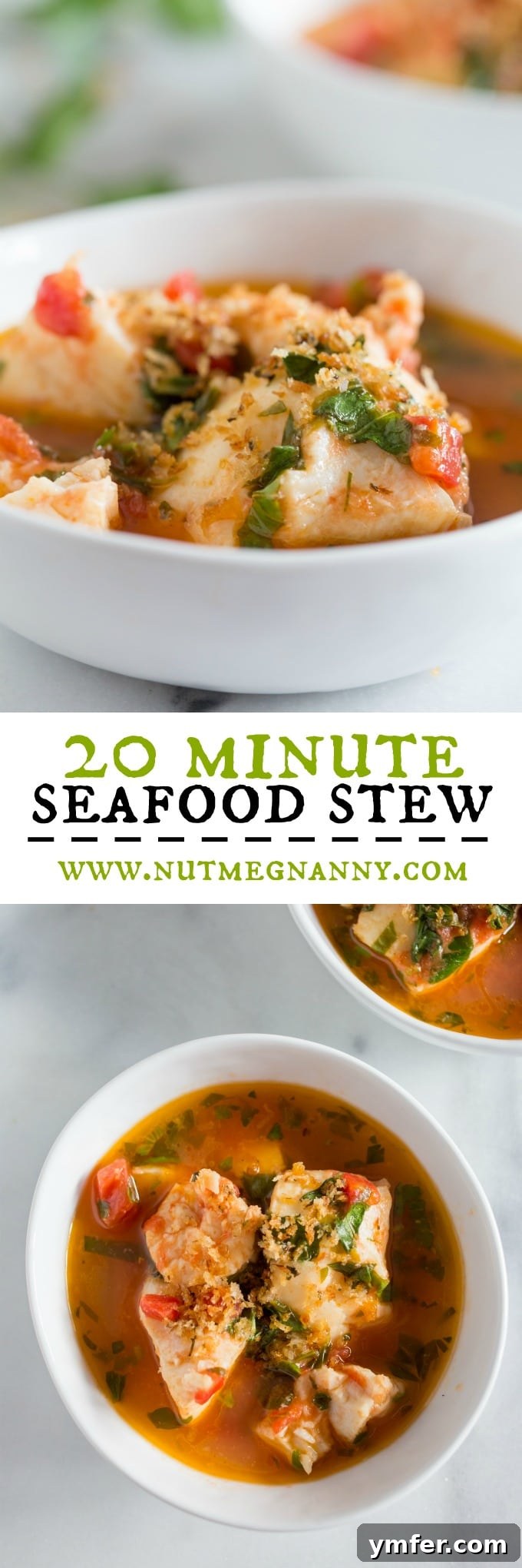 20 Minute Ocean Stew 6 A long pin image for Pinterest showing a delicious 20-minute seafood stew with cod and shrimp.