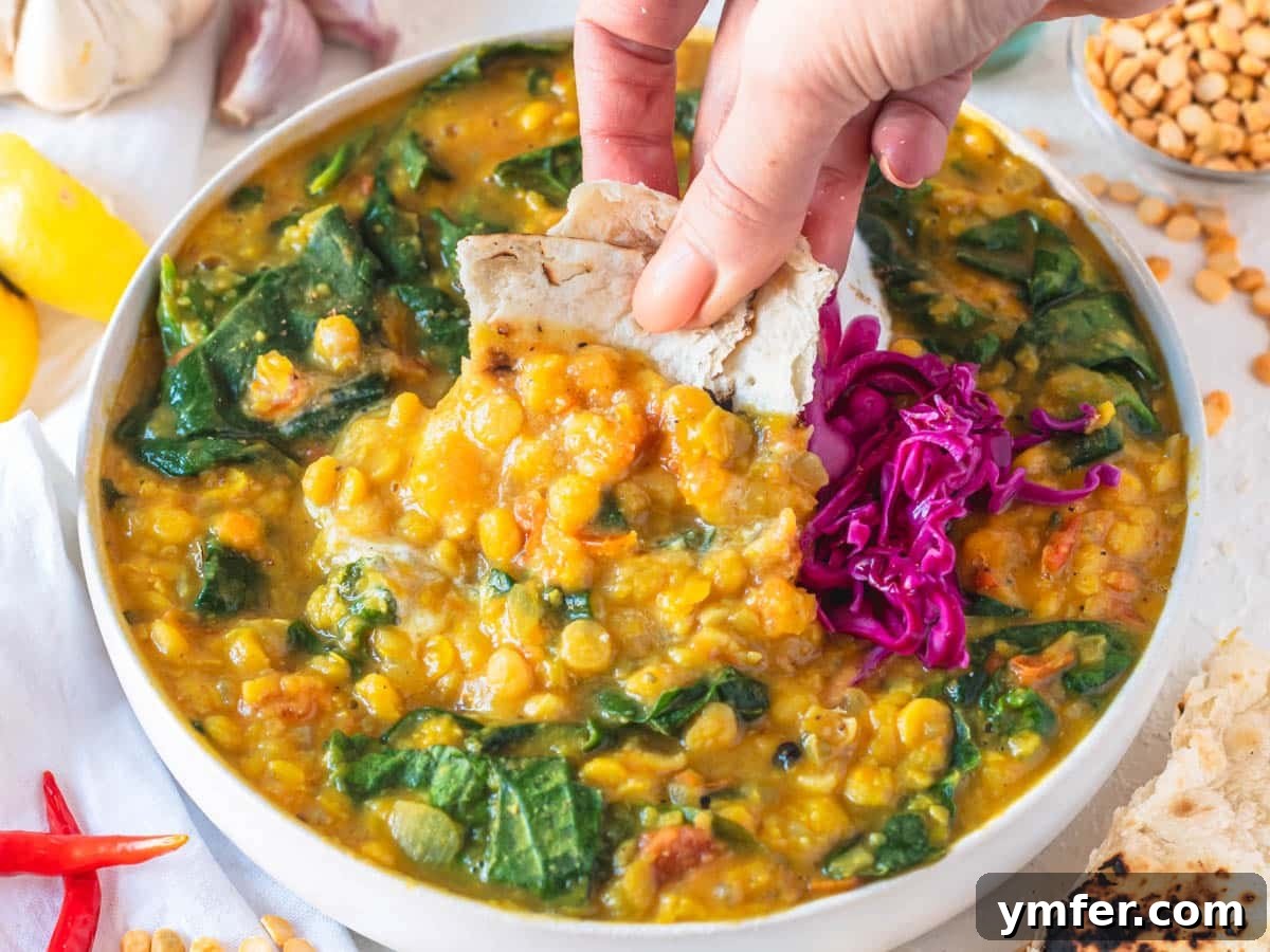 Healthy Asian Kitchen 22 Chana dal with spinach and hand holding chapati bread