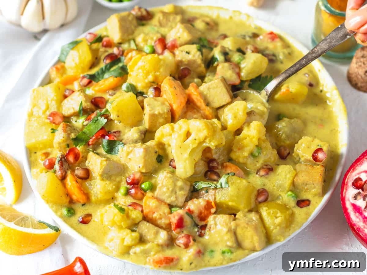 Healthy Asian Kitchen 26 Navratan korma on a white plate with a silver spoon