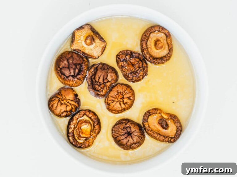 Healthy Asian Kitchen 30 shiitake mushrooms soaking in a bowl