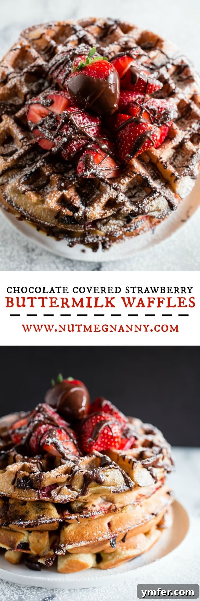 Berry Chocolate Bliss Waffles 6 A tall stack of chocolate covered strawberry buttermilk waffles, richly drizzled with chocolate and garnished with fresh strawberries, presented vertically for a stunning visual.