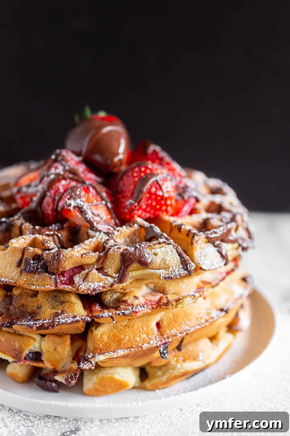 Berry Chocolate Bliss Waffles 4 Three chocolate covered strawberry waffles are stacked on a white plate, each adorned with a generous drizzle of melted dark chocolate, showcasing their enticing appearance.