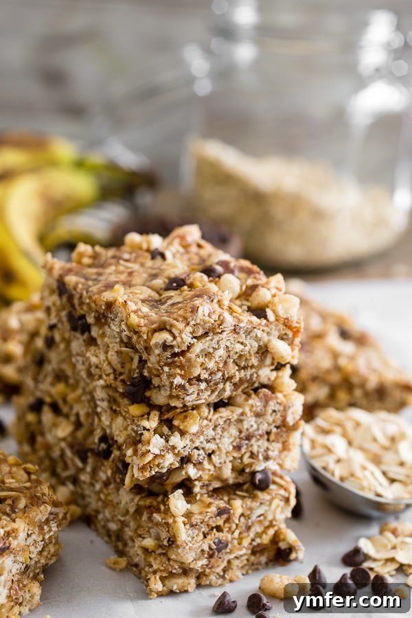 Effortless Peanut Butter Banana Chocolate Chip Energy Bars 2 These no-bake peanut butter banana chocolate chip granola bars are the perfect snack or breakfast. Packed full of flavor and prepared in under 20 minutes!