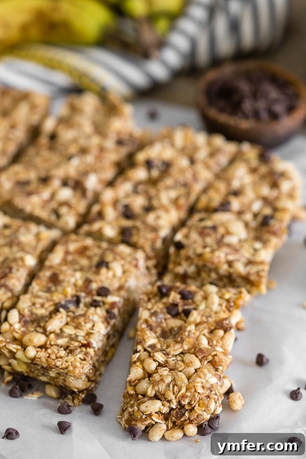 Effortless Peanut Butter Banana Chocolate Chip Energy Bars 4 These no-bake peanut butter banana chocolate chip granola bars are the perfect snack or breakfast. Packed full of flavor and prepared in under 20 minutes!