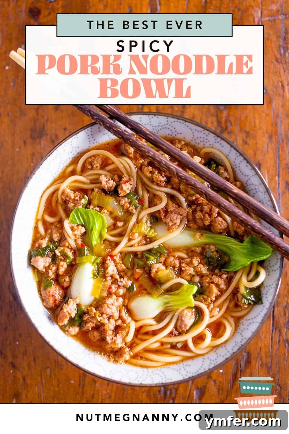 Blazing Pork Noodle Delight 8 A graphic image for Spicy Pork Noodle Bowl, suitable for social media sharing, showing a vibrant dish.