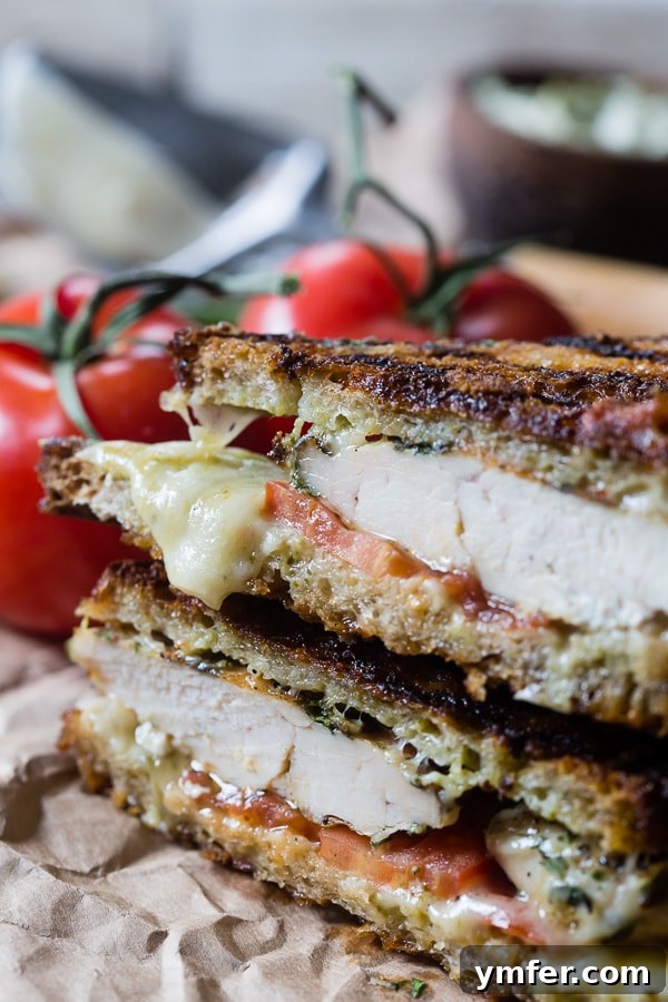 Sizzling Chicken Pesto Panini 3 Close-up of a grilled chicken pesto panini showcasing its delicious layers and melted cheese.