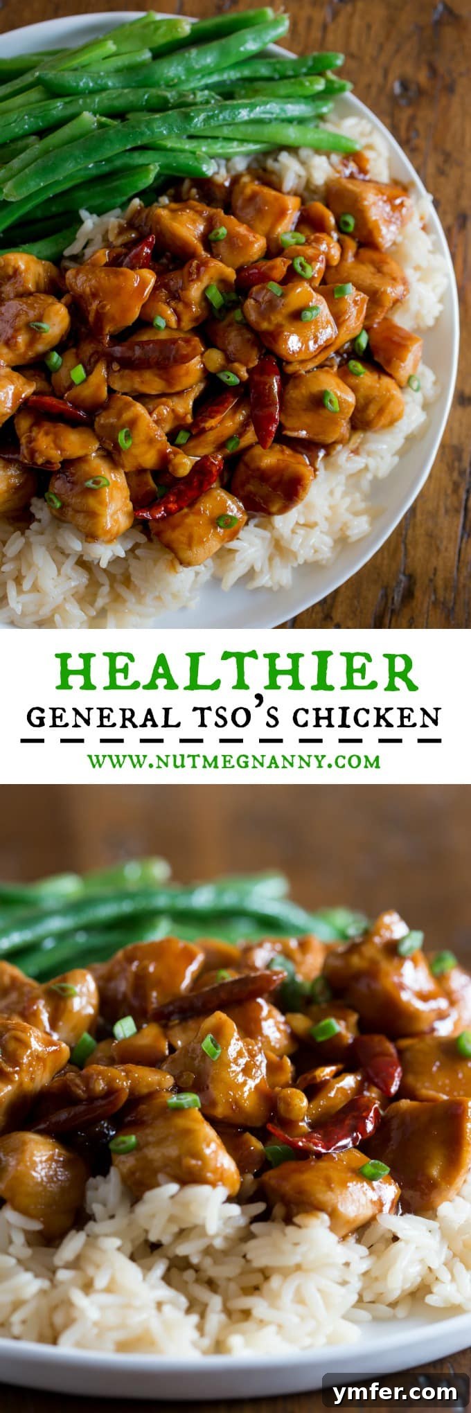 Lighter General Tso Chicken 5 A visually appealing promotional image for Healthier General Tso's Chicken, showcasing the dish with key benefits like 'No Breading or Frying' and 'Homemade Sauce' for quick weeknight meals. This image is designed to be shareable on social media, emphasizing health and convenience.