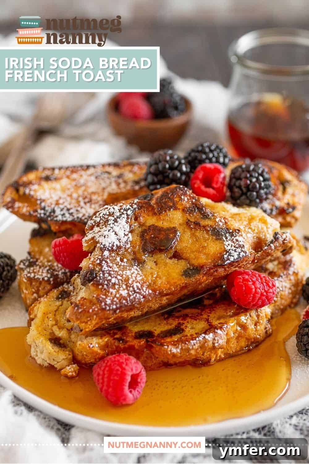 Emerald Isle French Toast 7 Graphic Pinterest pin for Irish Soda Bread French Toast, with recipe title and ingredients.