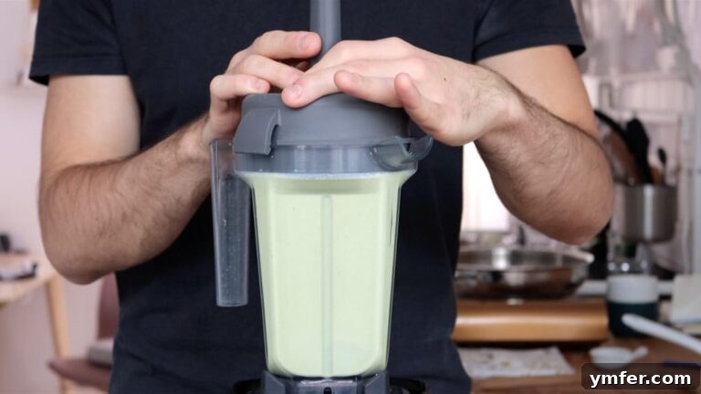Velvet Pistachio Crème 8 Pistachio custard step 2: Blending pistachios, plant milk, and sugar.
