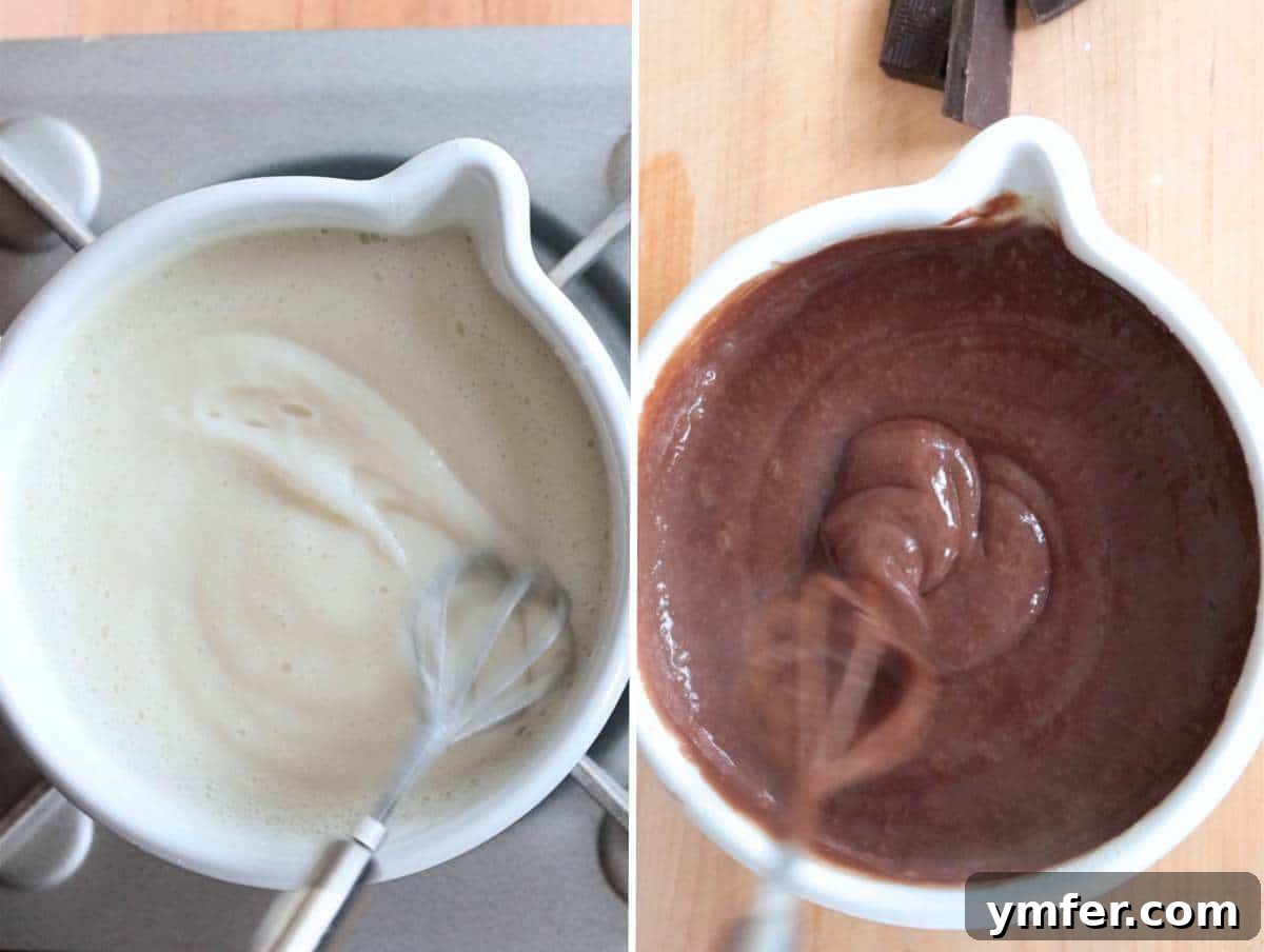 Decadent Chocolate Custard 6 The base pastry cream for chocolate custard thickening in a pot on the stovetop.