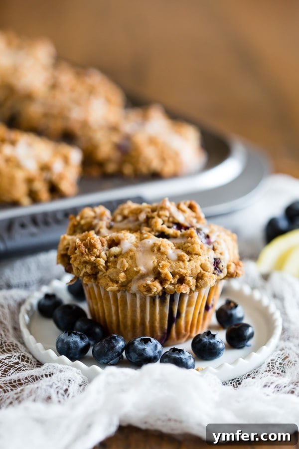 Zesty Lemon Thyme Blueberry Muffins 3 Close-up of a single Blueberry Lemon Thyme Muffin on a plate, showing the streusel topping and a cross-section with blueberries.