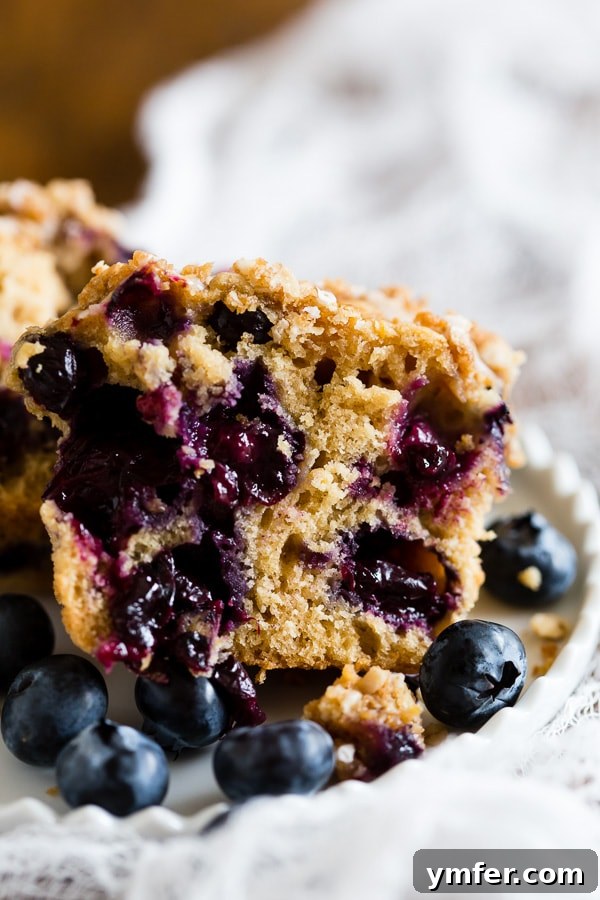 Zesty Lemon Thyme Blueberry Muffins 5 A Blueberry Lemon Thyme Muffin cut in half, revealing the tender crumb and whole blueberries inside.