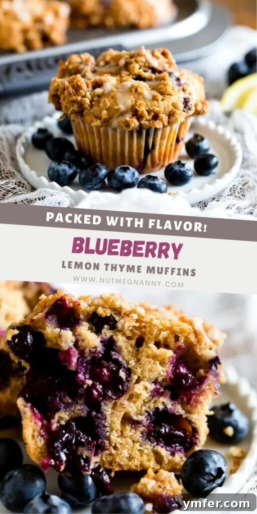 Zesty Lemon Thyme Blueberry Muffins 6 A Pinterest graphic showcasing Blueberry Lemon Thyme Muffins with streusel topping and the recipe title for easy sharing.