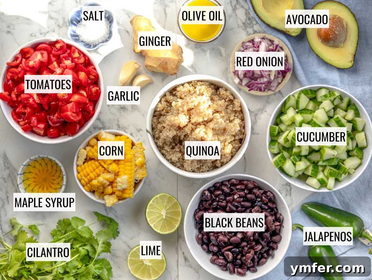Vibrant Quinoa Bowl 4 Ingredients for a healthy quinoa salad laid out on a table