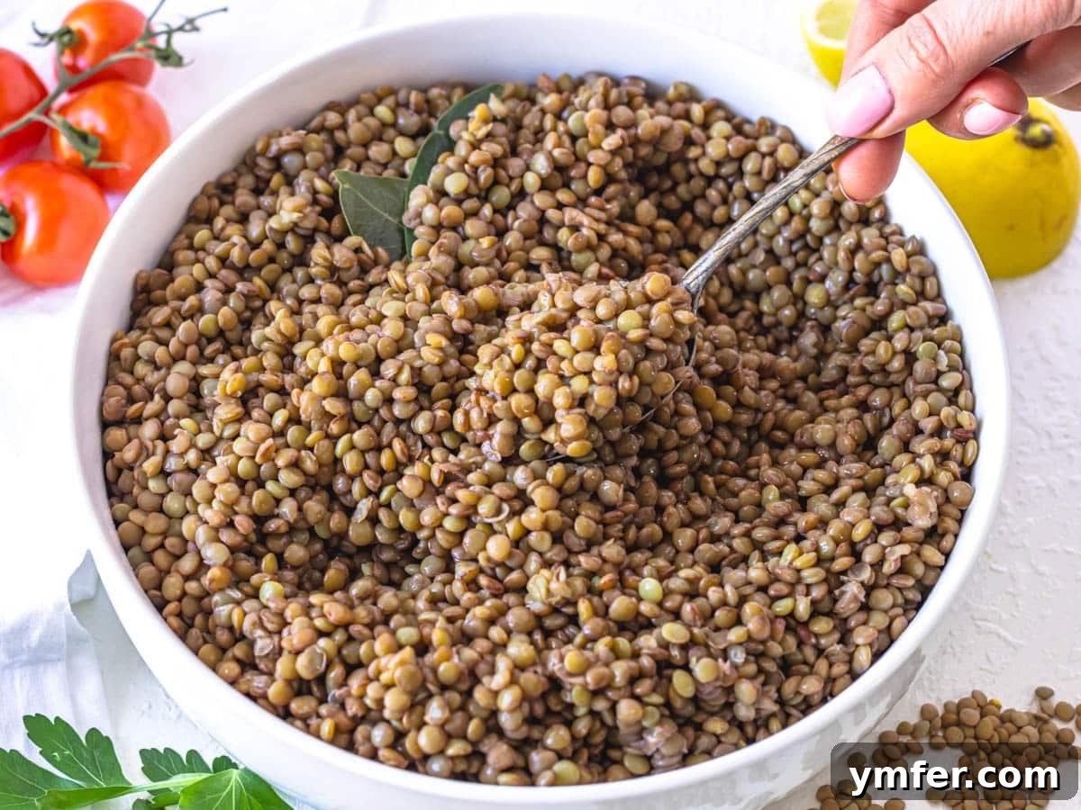 30 Dutch Oven Feasts 26 Cooked lentils in a white bowl with hand holding a silver spoon
