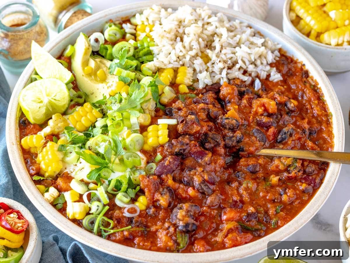 Hearty Veggie Chili 3 vegetarian chili with rice and avocado