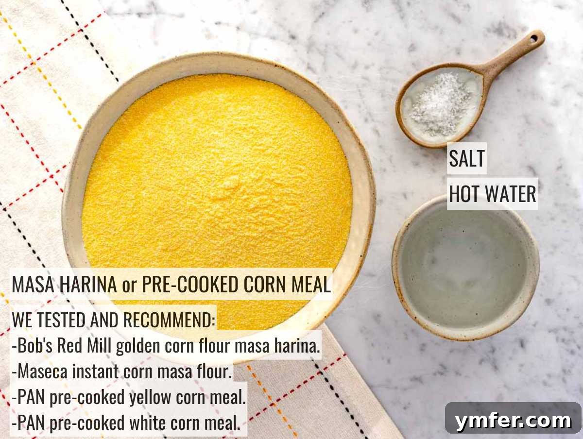 Handcrafted Corn Wraps 5 Ingredients for corn tortillas laid out on a table: masa harina, hot water, and salt