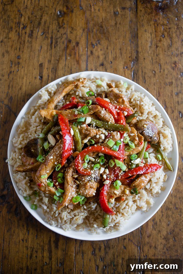 Chili Garlic Pork Wok Toss 2 A close-up shot of a serving of Spicy Garlic Pork Stir Fry on a white plate, showcasing the vibrant colors of the pork, mushrooms, red bell pepper, and green beans.