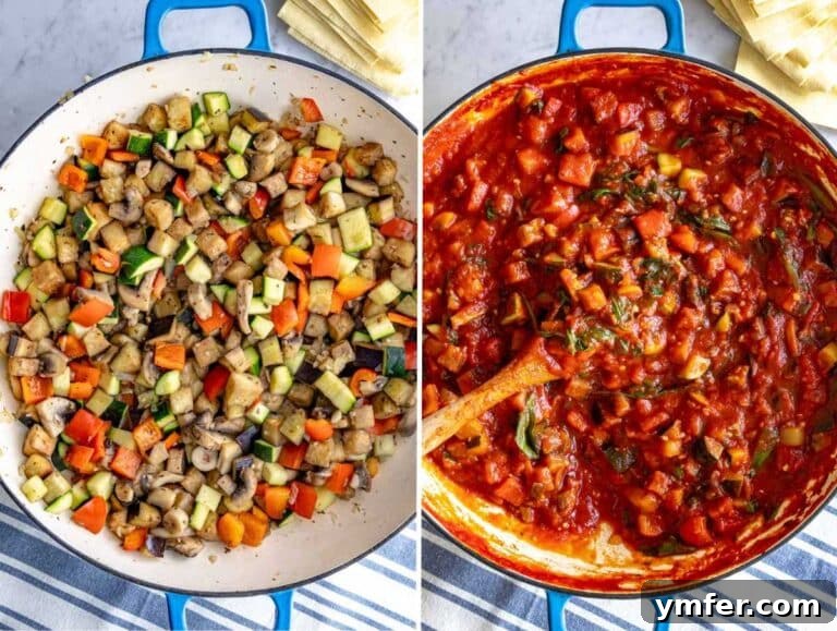 Garden Lasagna 14 Visual guide for making the sauce for vegetable lasagna, showing vegetables simmering.