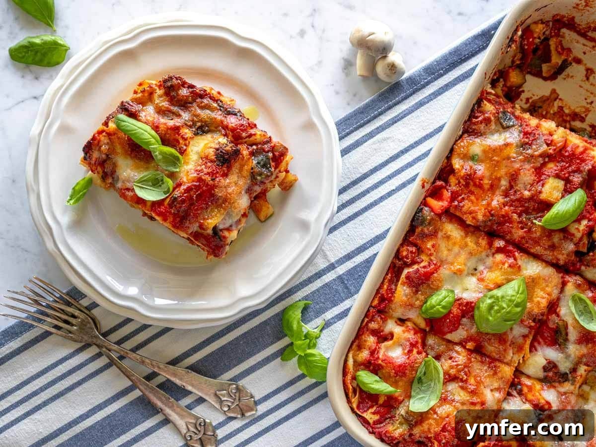 Garden Lasagna 4 Two views of vegetable lasagna: a full casserole dish alongside a perfectly served slice on a plate, highlighting its appetizing layers.