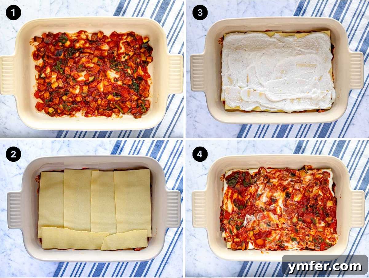 Garden Lasagna 9 A visual step-by-step guide showing how to layer tomato sauce, no-boil pasta sheets, and creamy cheese sauce in a baking dish to build the lasagna.