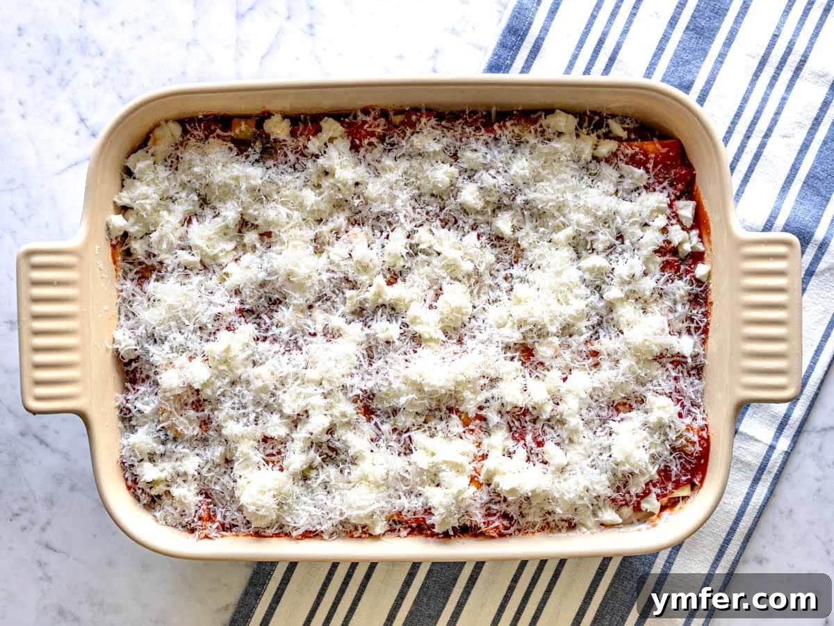 Garden Lasagna 10 An assembled vegetable lasagna in a baking dish, beautifully topped with tomato sauce, chopped mozzarella, and grated parmesan, ready for the oven.