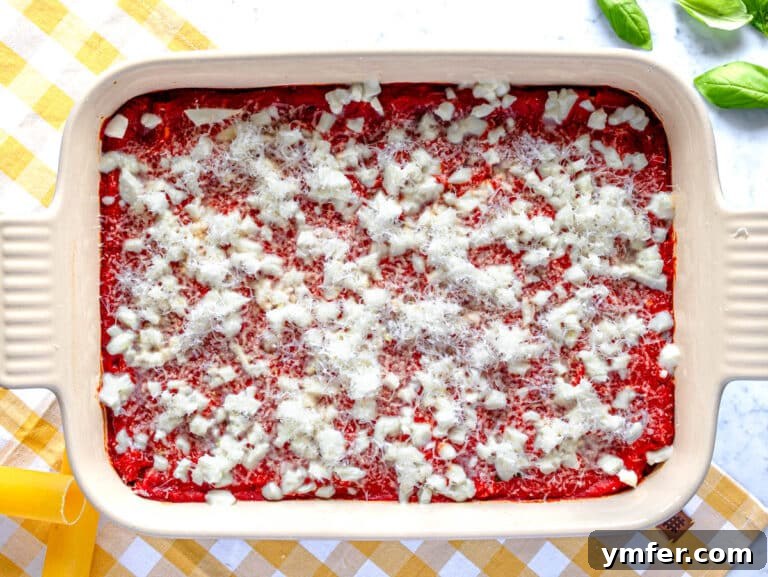 Hearty Stuffed Pasta Bake 17 Cannelloni in a baking dish before baking, covered with sauce and cheeses.