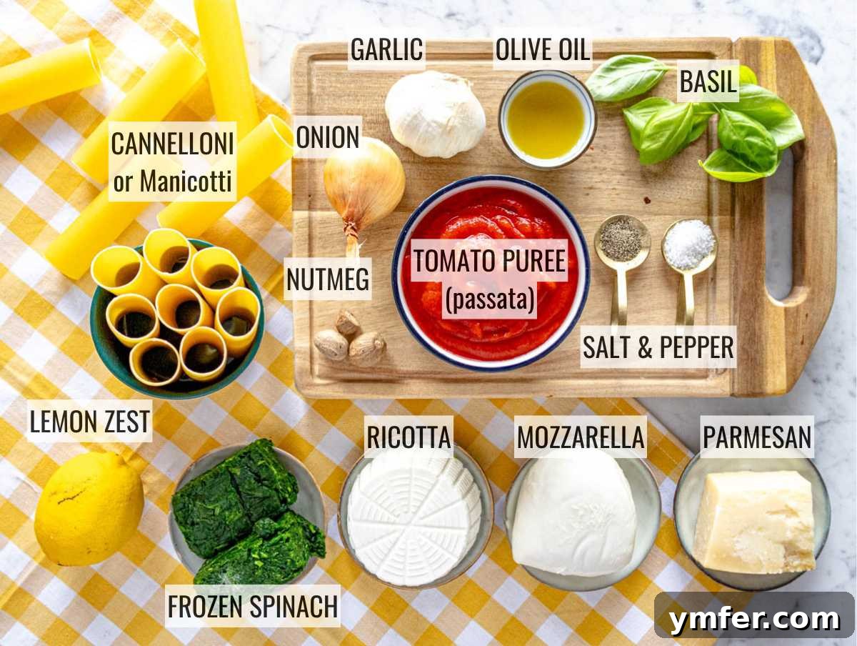 Hearty Stuffed Pasta Bake 5 A selection of fresh ingredients including olive oil, onions, garlic, tomato puree, spinach, ricotta, parmesan, and pasta, laid out for making cannelloni.