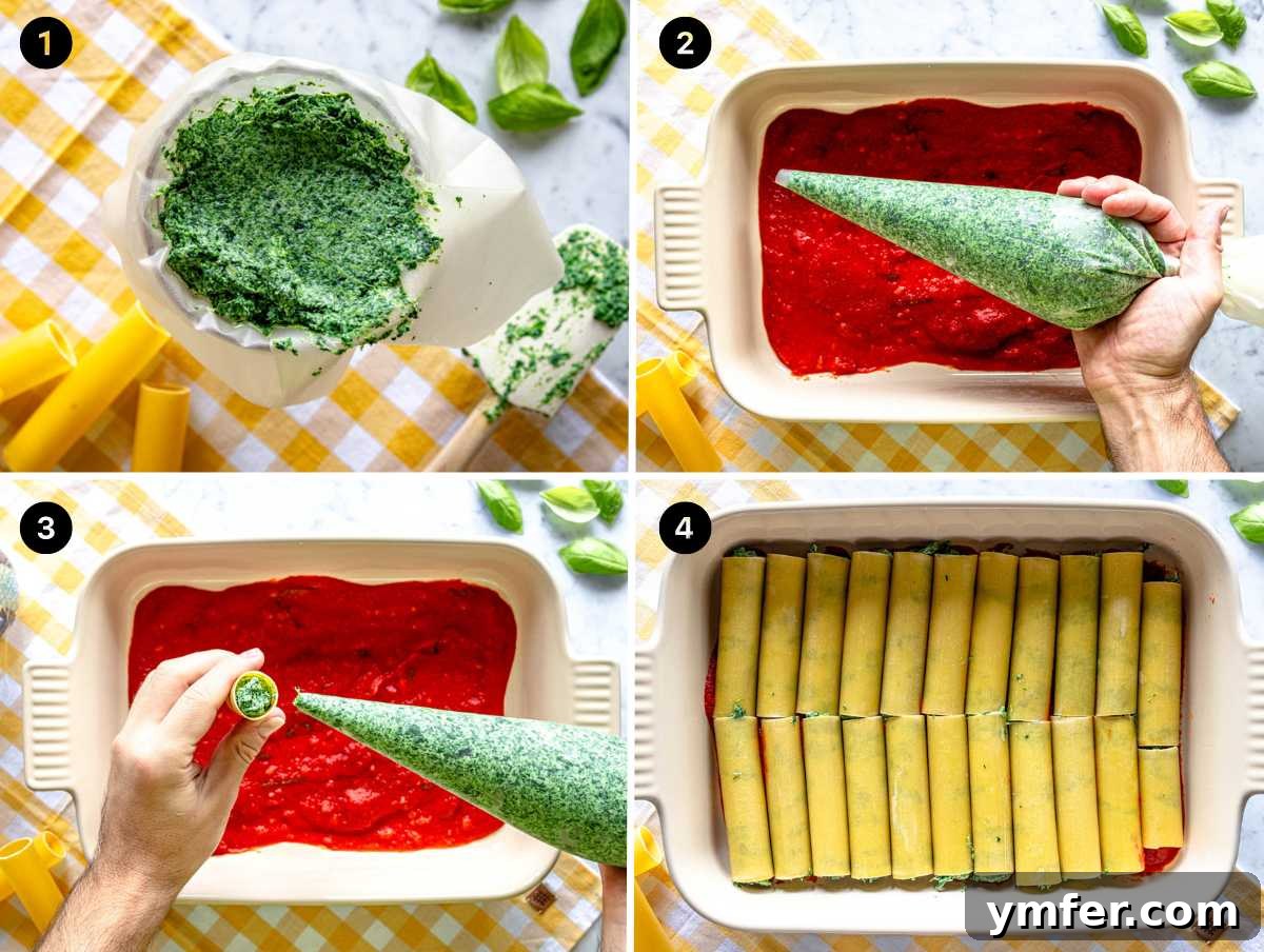 Hearty Stuffed Pasta Bake 8 A step-by-step image showing how to fill cannelloni pasta tubes with spinach and ricotta filling using a piping bag.