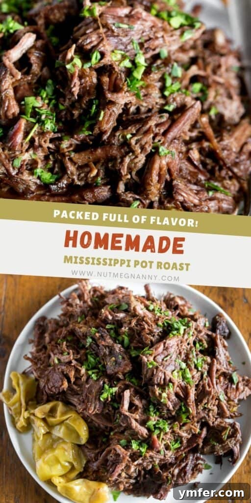 The Ultimate Homemade Mississippi Pot Roast 5 Homemade Mississippi Pot Roast featured in a vibrant pin for social media sharing.