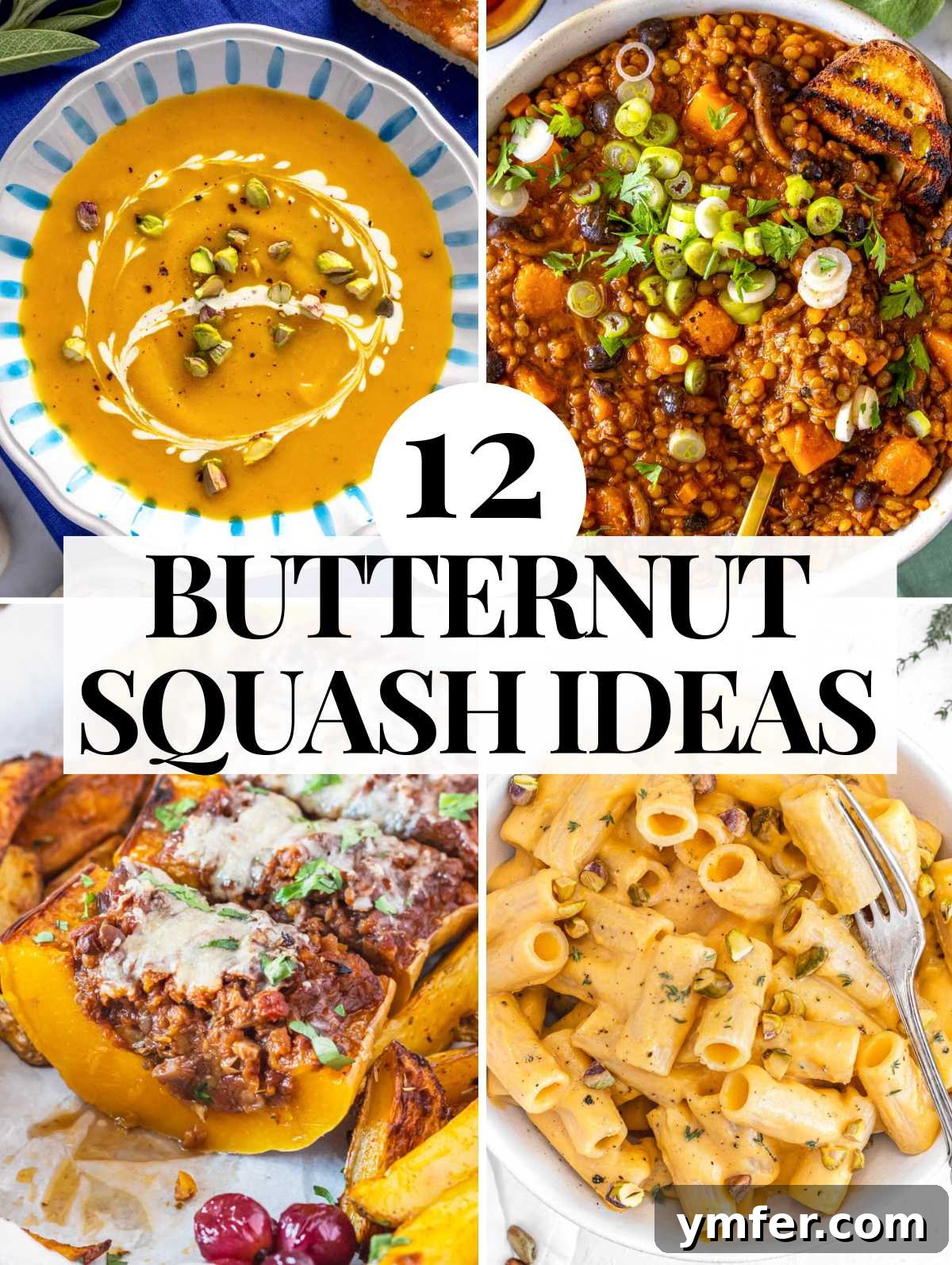 12 Cozy Butternut Squash Dishes 2 Butternut squash recipes showcase a variety of dishes including soups, pasta, and baked options.