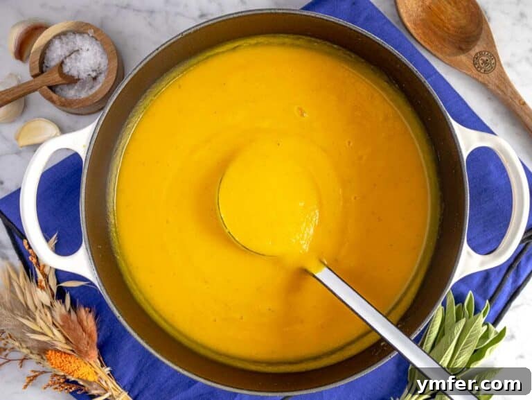 Easy butternut squash soup in a large pot with an immersion blender.