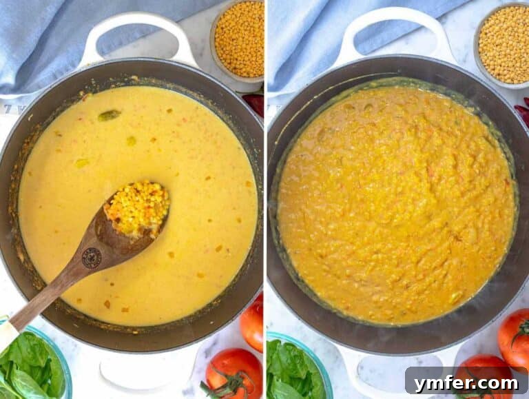 Dal mixture before and after simmering, showing the lentils absorbing liquid and thickening.