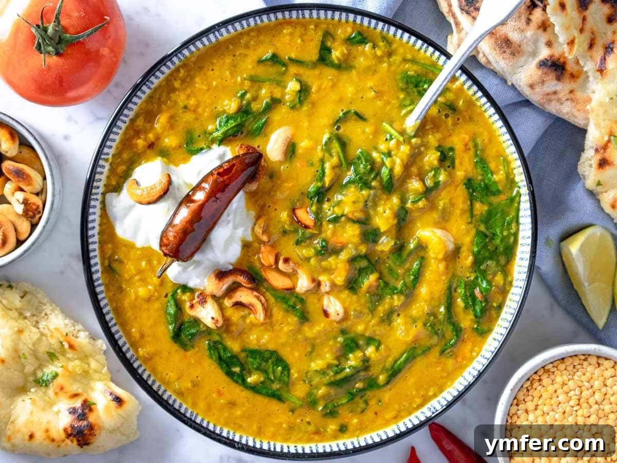 A close-up of creamy split lentil dal, beautifully topped with cool yogurt, crunchy cashews, and a vibrant chili, highlighting its rich texture and enticing garnishes.