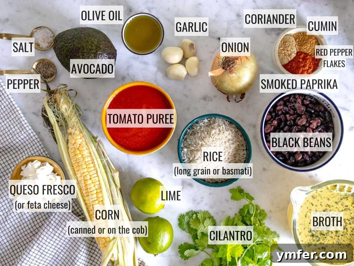 Zesty Fiesta Rice 5 Mexican rice ingredients laid out on a table, including spices, vegetables, and rice