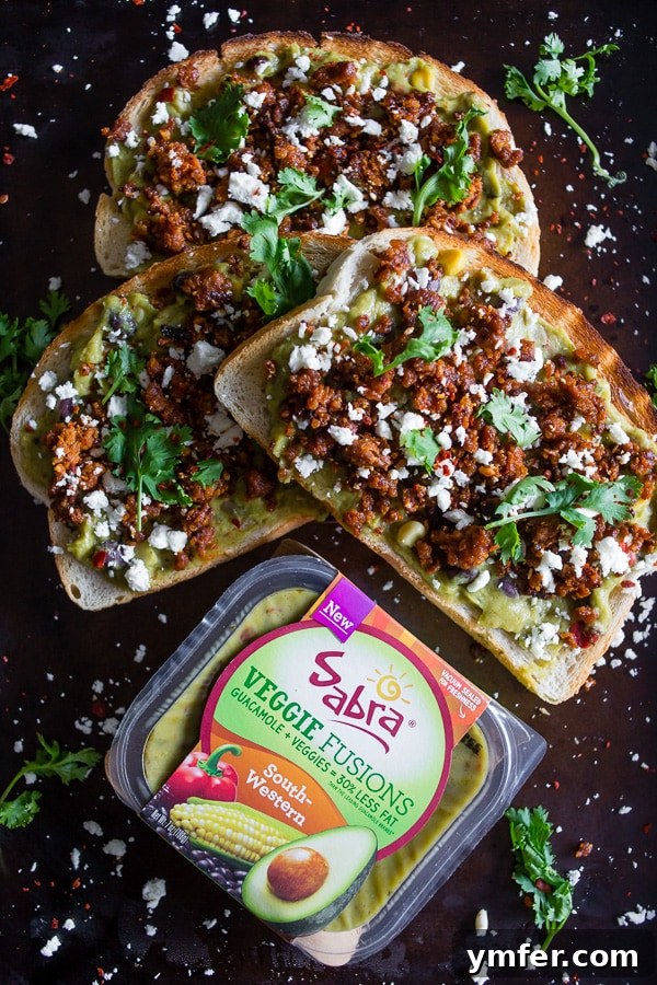 Gourmet Chorizo Cotija Guacamole Toast 3 Close-up of Chorizo Cotija Guacamole Toast with fresh cilantro