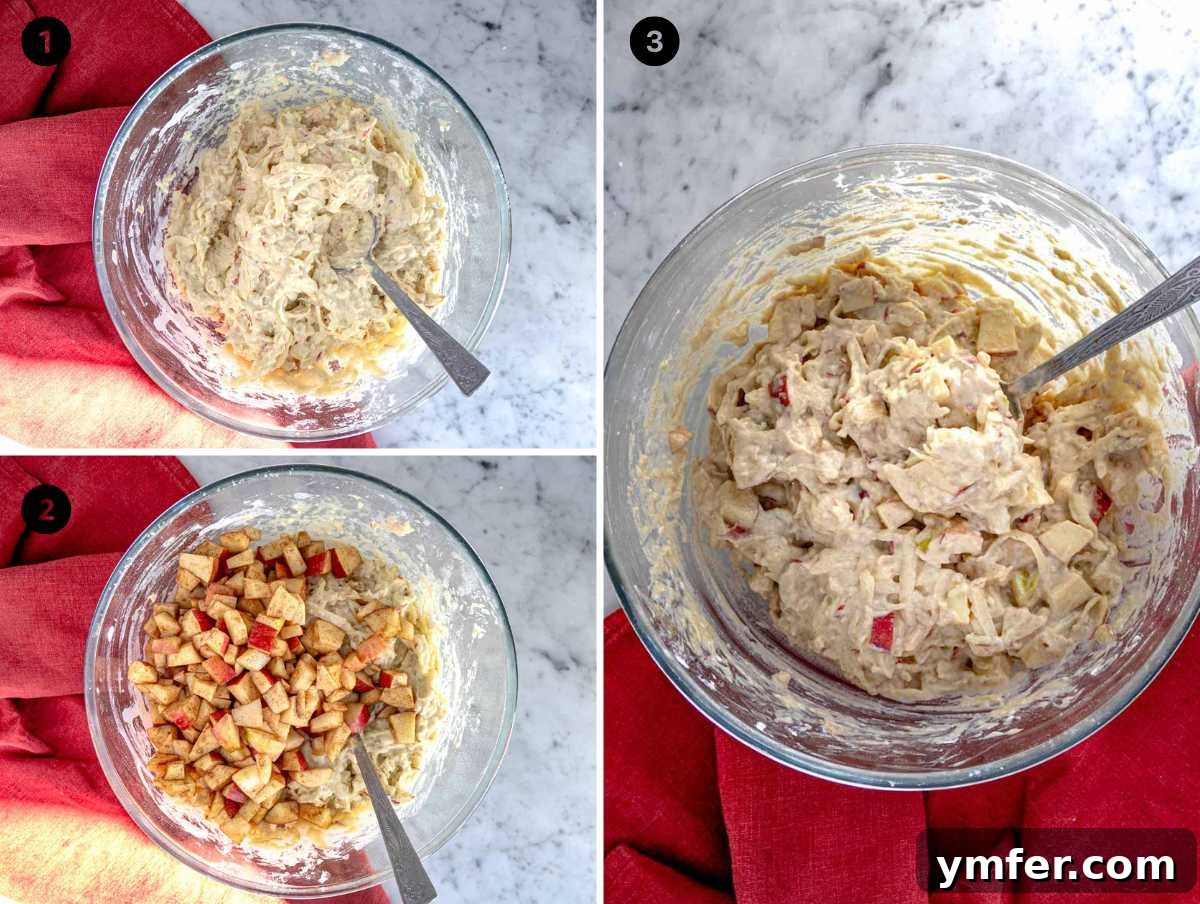 Image displaying the prepared apple bread batter in a mixing bowl before pouring into the pan.