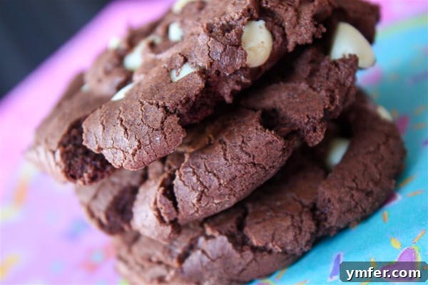Decadent Double Chocolate White Chip Cookies 3 Close-up of baked chocolate white chocolate chip cookies
