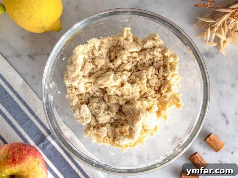 streusel for apple crumble in a glass bowl