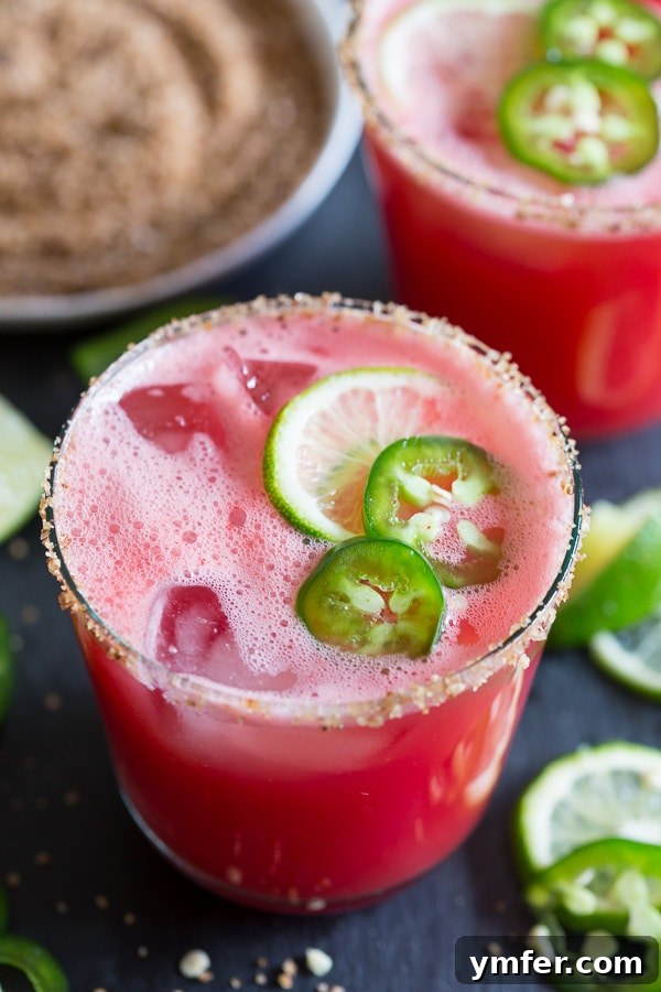 Sweet Heat Watermelon Margarita 3 A close-up of a Jalapeno Watermelon Margarita, topped with an extra slice of fresh jalapeño and a lime wedge, highlighting its vibrant color and spicy garnish.