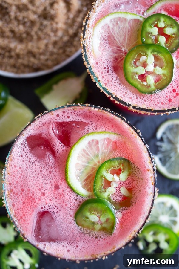 Sweet Heat Watermelon Margarita 4 Three glasses of Jalapeno Watermelon Margarita, one with a salted rim, another with lime slices, showcasing various serving styles for the refreshing cocktail.