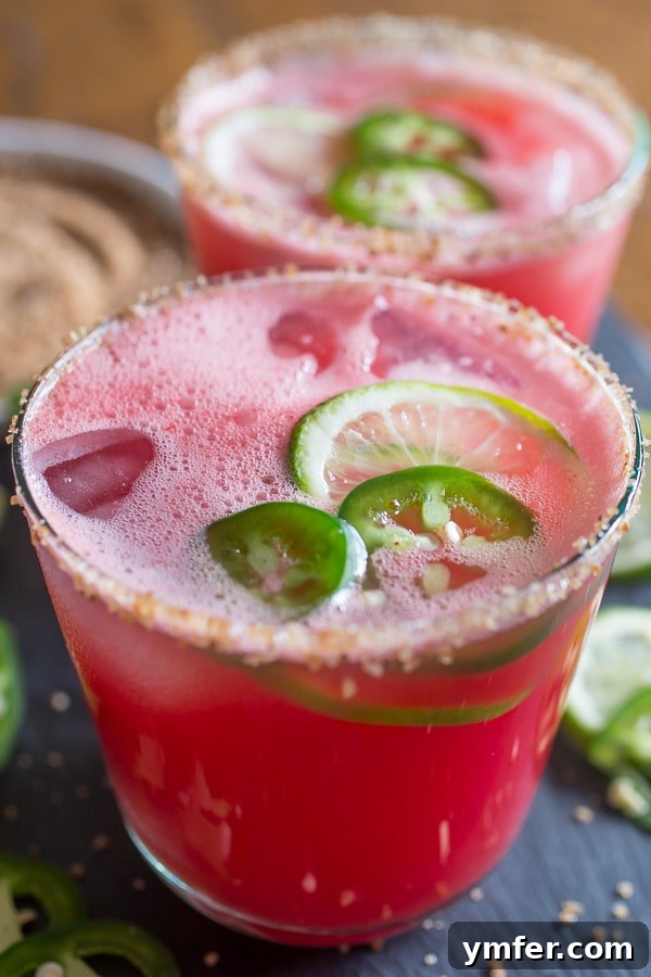 Sweet Heat Watermelon Margarita 5 A refreshing Jalapeno Watermelon Margarita served in a glass with a salted rim, garnished with a vibrant lime wedge, ready to be enjoyed.