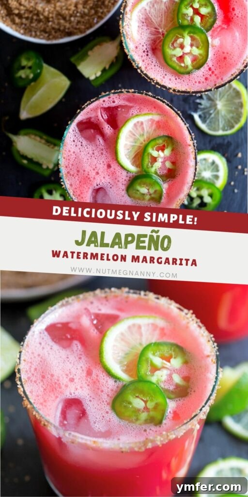 Sweet Heat Watermelon Margarita 7 A stunning vertical pin image for Pinterest, featuring a vibrant Jalapeno Watermelon Margarita, garnished with lime and jalapeno, perfect for inspiring summer cocktail cravings.