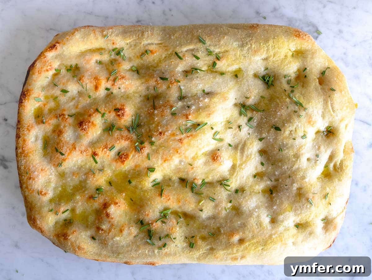 Golden Olive Oil Flatbread 3 Schiacciata after baking on a marble surface